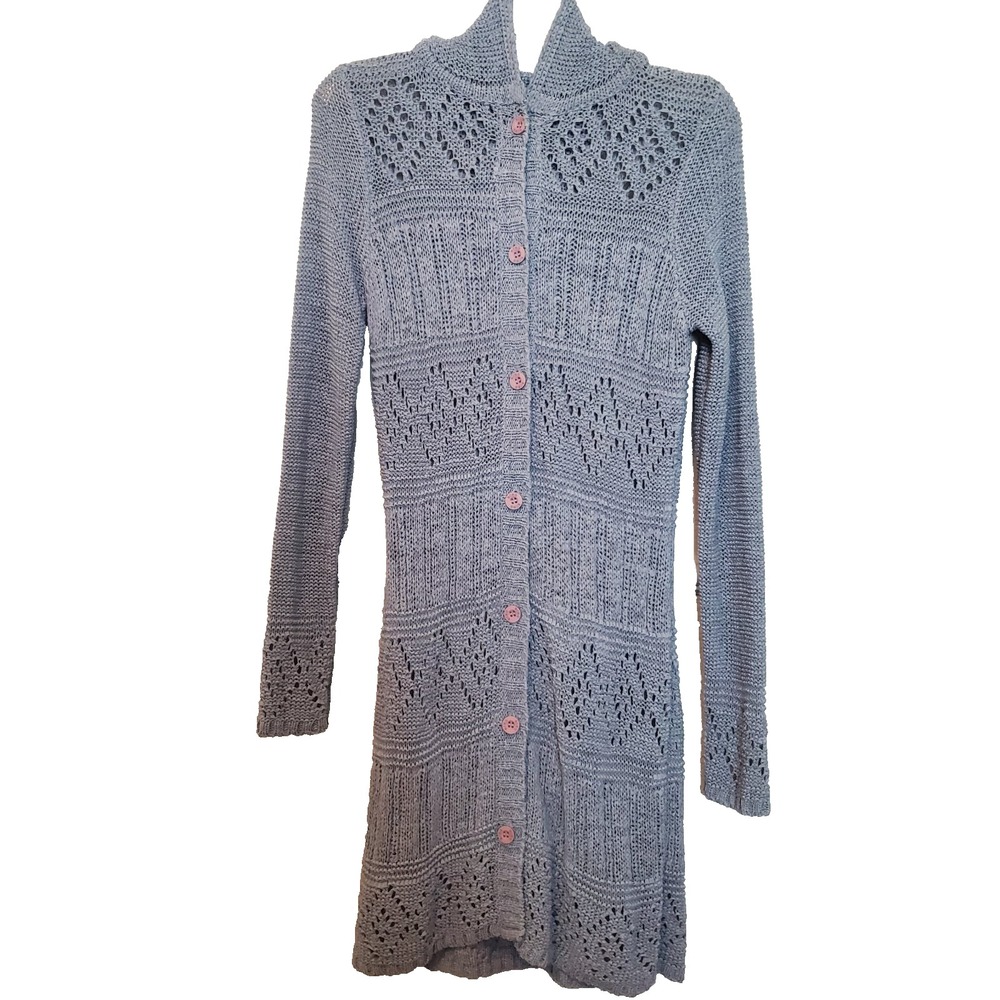BCBGMAXAZRIA Women Periwinkle Blue Pointelle Knit Hooded Long Cardigan Size M